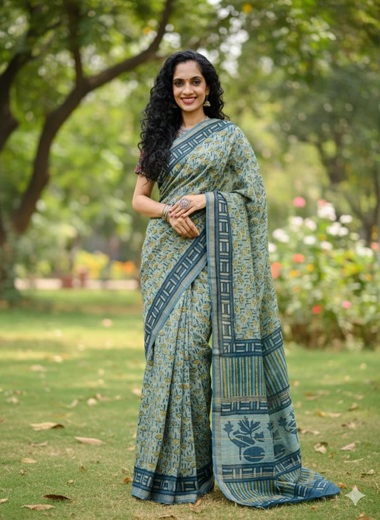 Chanderi Silk Saree in Dabo & Ajrakh Print