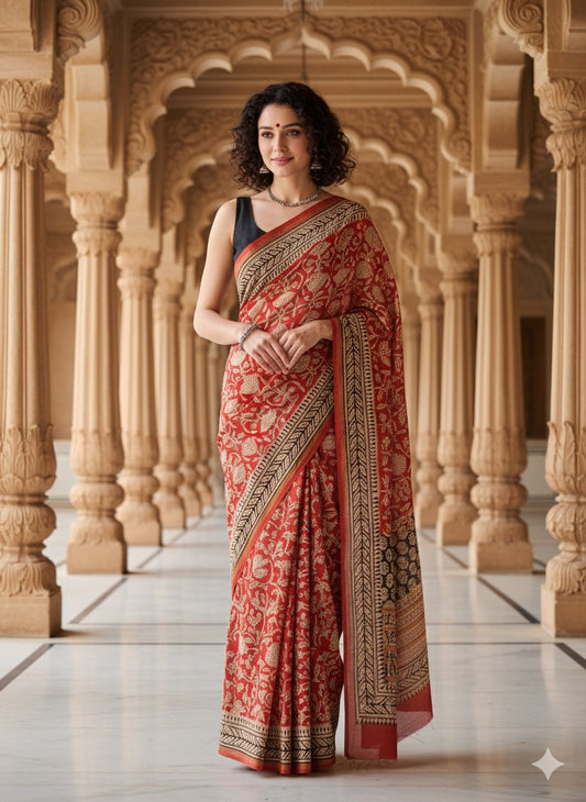 Kalamkari Hand Block Printed Chanderi Silk Saree