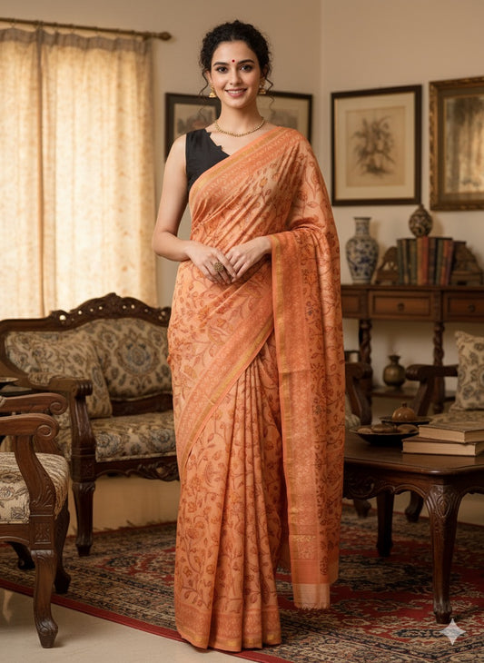 AJRAKH DABO Hand Block Printed Chanderi Silk Saree