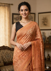 AJRAKH DABO Hand Block Printed Chanderi Silk Saree