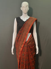 AJRAKH Hand Block Printed Chanderi Silk Saree
