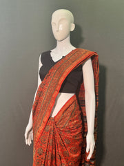 AJRAKH Hand Block Printed Chanderi Silk Saree