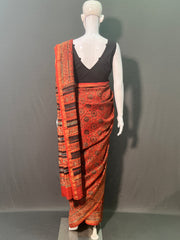 AJRAKH Hand Block Printed Chanderi Silk Saree