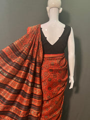 AJRAKH Hand Block Printed Chanderi Silk Saree