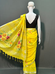 Hand Brush Painted Cotton Linen Saree
