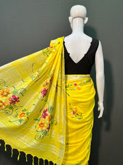 Hand Brush Painted Cotton Linen Saree