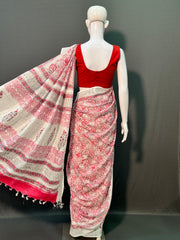 Hand Block Printed Cotton Linen Saree