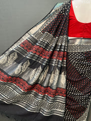 Hand Block Printed Cotton Linen Saree