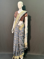 Hand Block Printed Cotton Linen Saree