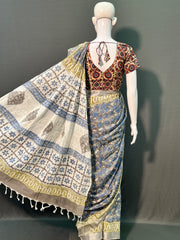 Hand Block Printed Cotton Linen Saree