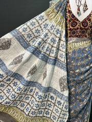 Hand Block Printed Cotton Linen Saree