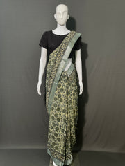 AJRAKH DABO Printed Cotton Linen Saree