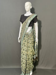 AJRAKH DABO Printed Cotton Linen Saree