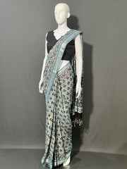 AJRAKH DABO Printed Cotton Linen Saree