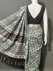 AJRAKH DABO Printed Cotton Linen Saree