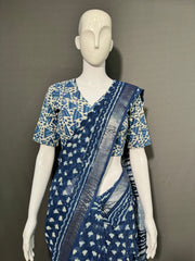 INDIGO Printed Cotton Linen Saree
