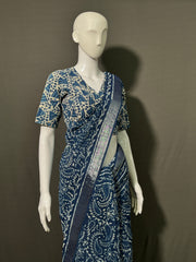 INDIGO Printed Cotton Linen Saree