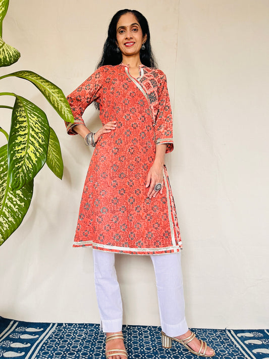 AJRAKH DABO Angrakha Mul Cotton Kurti with Gota Lace