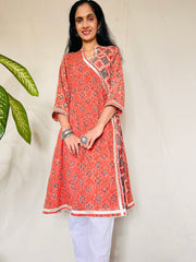 AJRAKH DABO Angrakha Mul Cotton Kurti with Gota Lace
