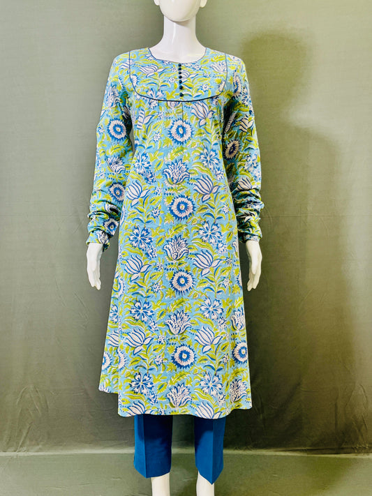 Long Sleeves Hand Block Printed A Line Kurti