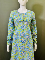 Long Sleeves Hand Block Printed A Line Kurti