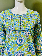 Long Sleeves Hand Block Printed A Line Kurti