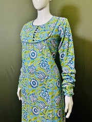 Long Sleeves Hand Block Printed A Line Kurti