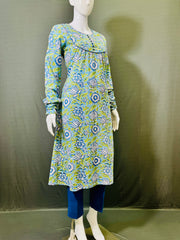 Long Sleeves Hand Block Printed A Line Kurti