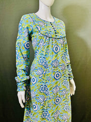 Long Sleeves Hand Block Printed A Line Kurti