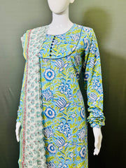 Long Sleeves Hand Block Printed A Line Kurti