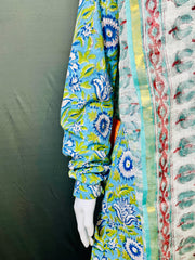 Long Sleeves Hand Block Printed A Line Kurti
