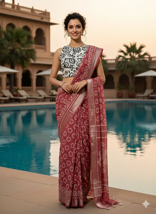 DABO Printed Cotton Linen Saree