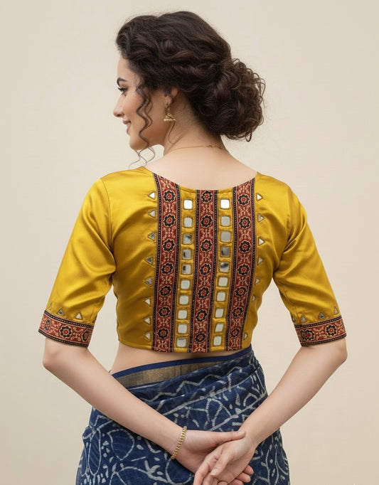 Ajrakh Mashru Silk Mirror Work Padded Blouse