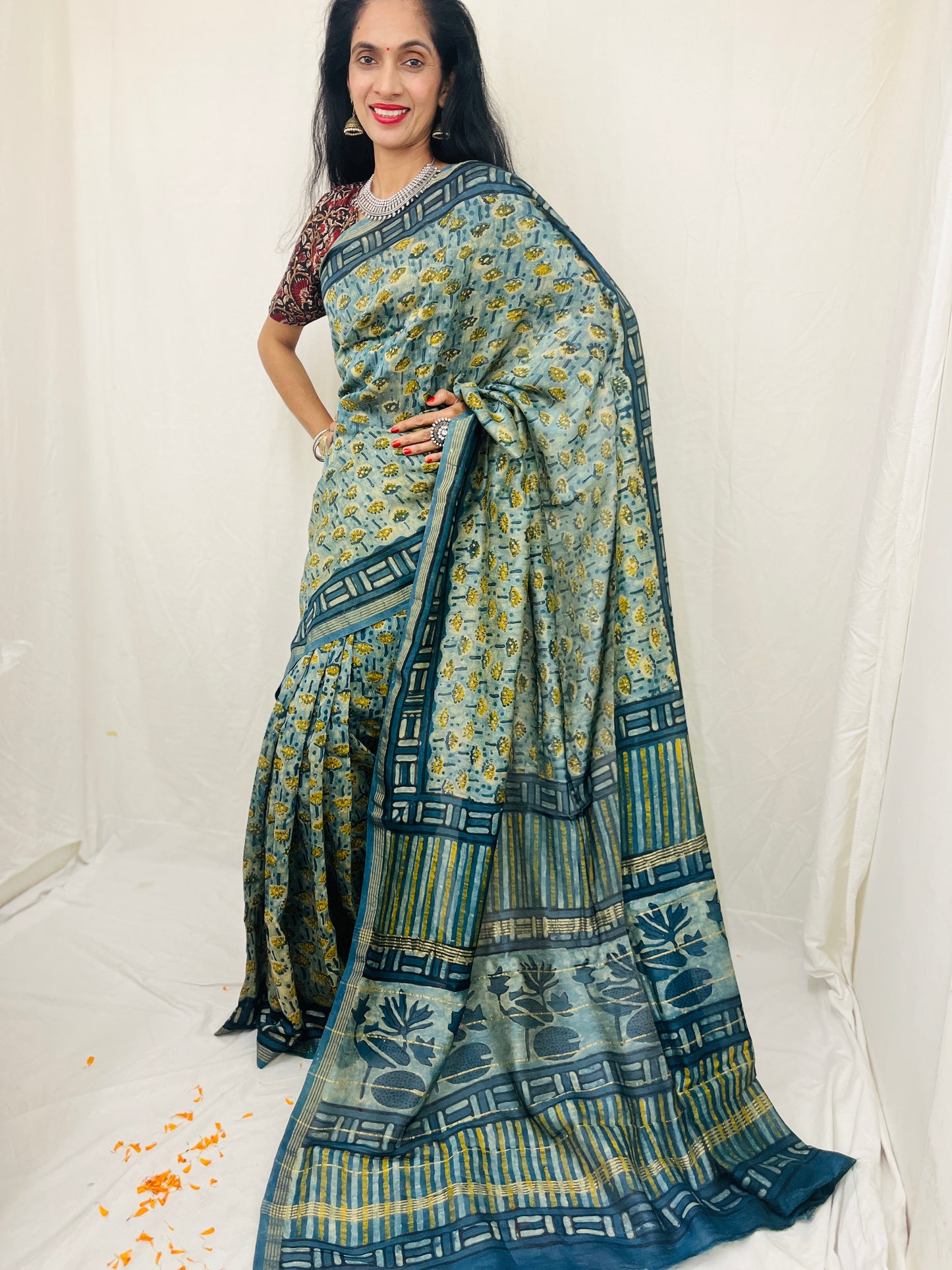 Chanderi Silk Saree in Dabo & Ajrakh Print