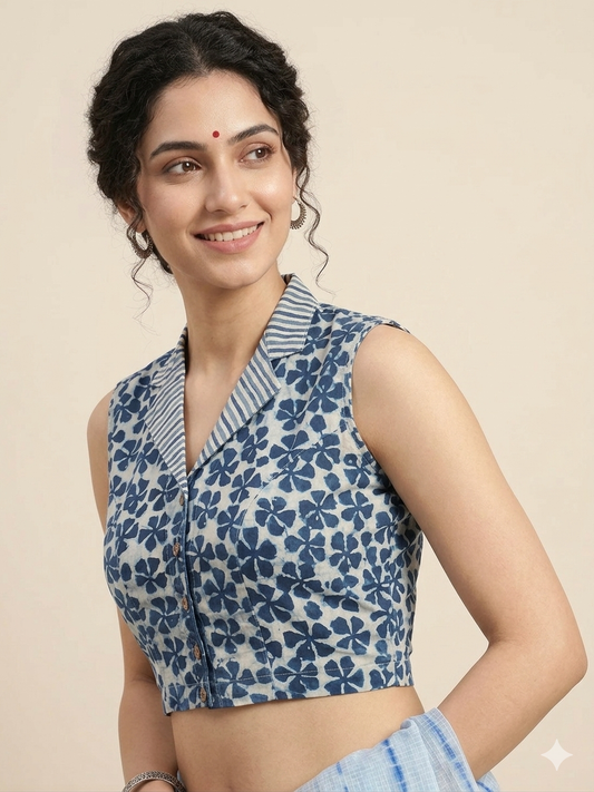 Indigo Dyed Hand Block Printed Collared Blouse