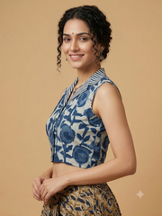 Indigo Dyed Hand Block Printed Collared Blouse