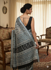 AJRAKH DABO Printed Cotton Linen Saree