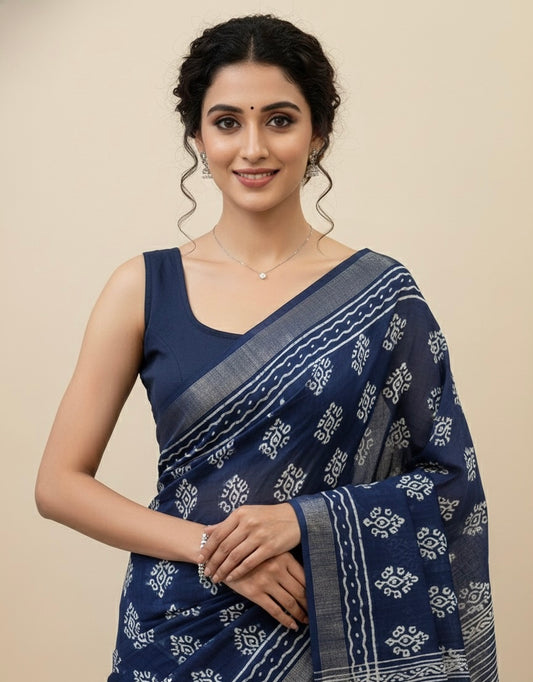 Navy Cotton Flex Plain Blouse