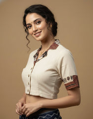 Pure Khadi Cotton Collared Blouse with Patchwork