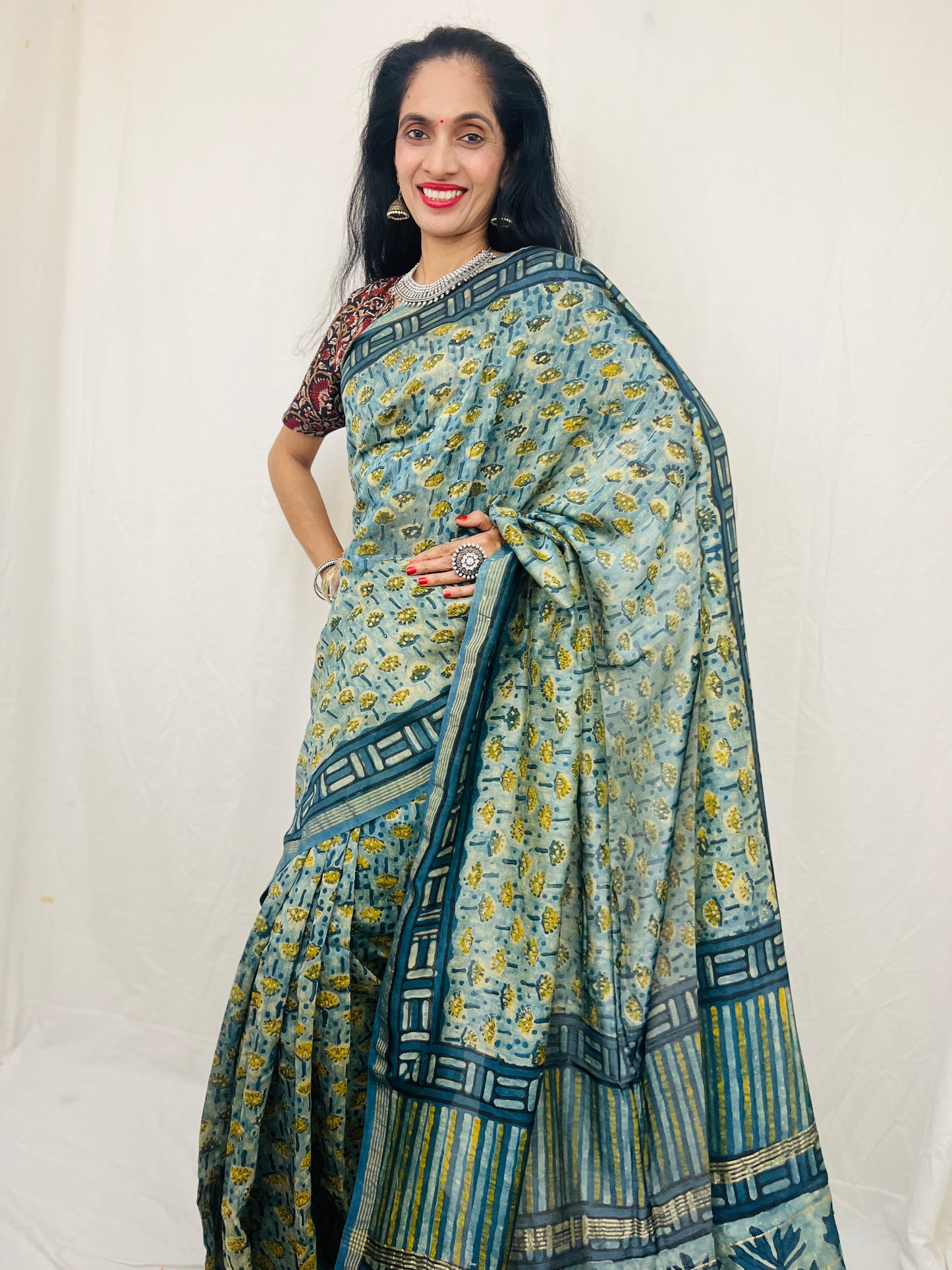 Chanderi Silk Saree in Dabo & Ajrakh Print