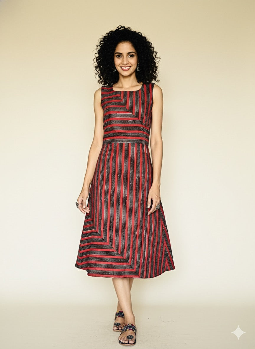 Hand Block Printed Sleeve Less Dress