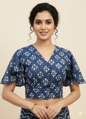 Indigo Dyed Ruffle Sleeves Blouse