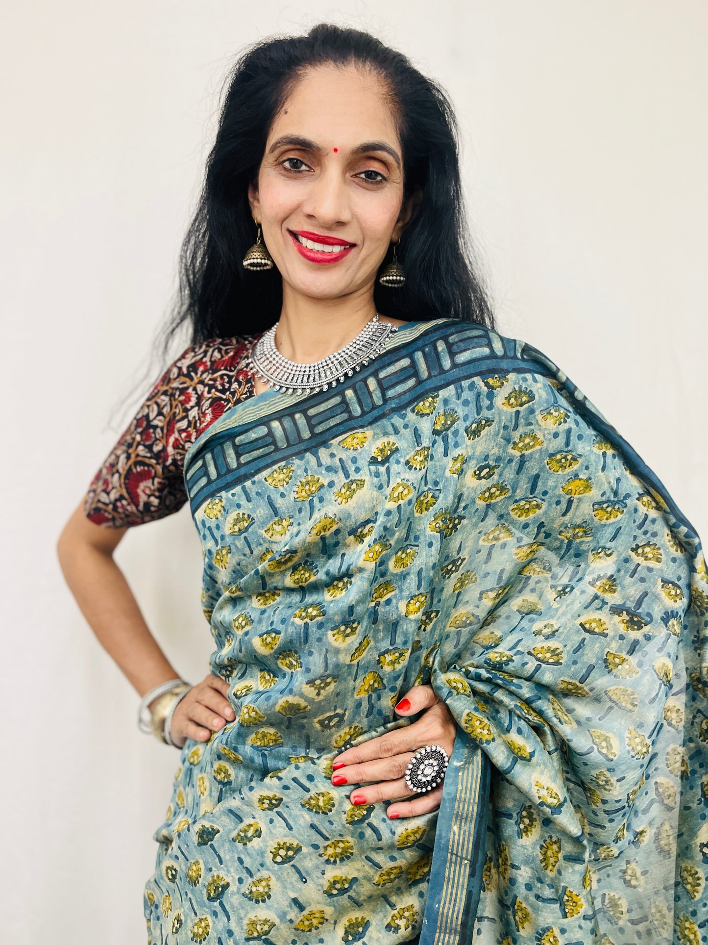 Chanderi Silk Saree in Dabo & Ajrakh Print