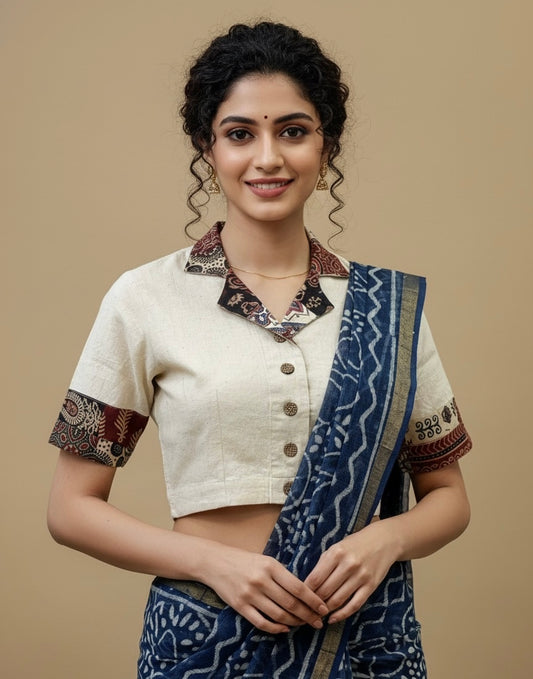 Pure Khadi Cotton Collared Blouse with Patchwork
