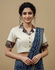Pure Khadi Cotton Collared Blouse with Patchwork