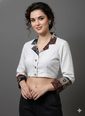 Cotton Flex Khadi Collared Blouse with Patchwork