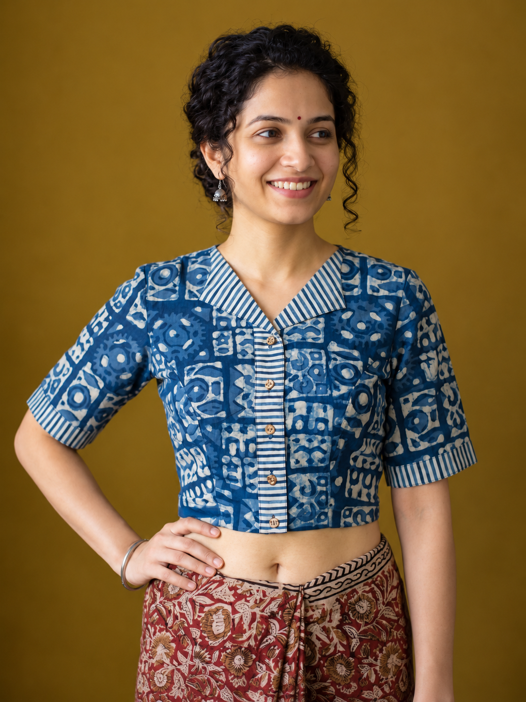 Indigo Dyed Hand Block Printed Mul Cotton Blouse