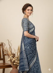 INDIGO Printed Cotton Linen Saree
