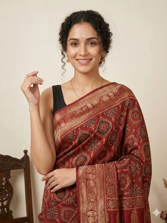 AJRAKH Printed Dola Silk Saree