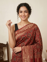 AJRAKH Printed Dola Silk Saree